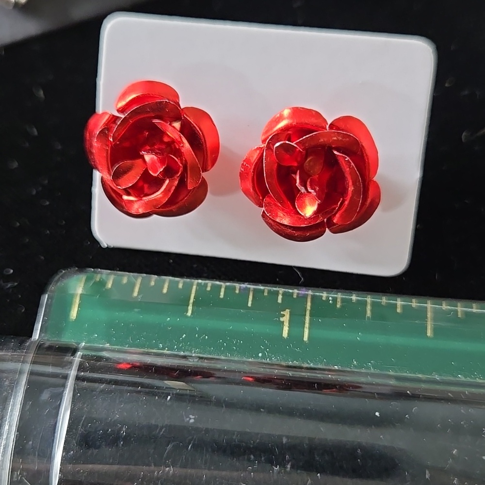 Vibrant Red Rose Stud Earrings - Picture 6 of 11